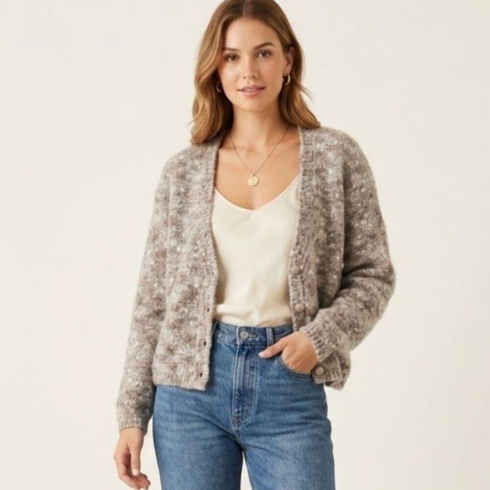 Lise J Mohair VTG Mohair-Blend Marled Oatmeal Knit Grannycore Cardigan Sweater L